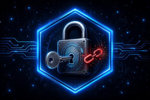 Account compromise, padlock with key and broken-link indicator in a glowing hexagon