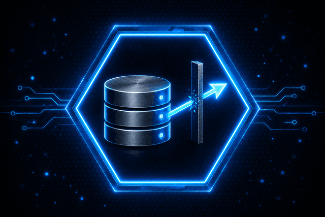 Data exfiltration, database with outbound arrow blocked by a barrier in a glowing hexagon