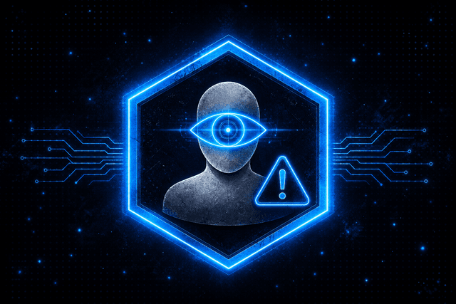 Insider threat detection, user silhouette with eye scanner and warning indicator in a glowing hexagon