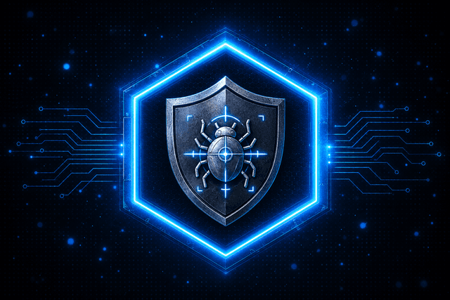 Malware and ransomware detection, shield with bug and crosshair in a glowing hexagon