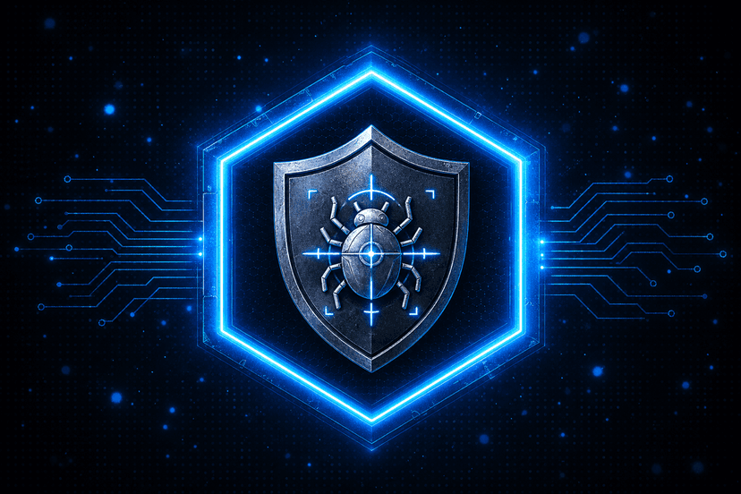 Malware & ransomware — shield with bug and crosshair in a glowing hexagon