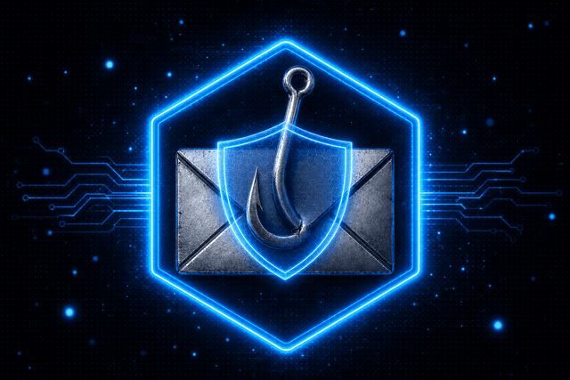 Phishing threats, shielded email envelope blocking a fishhook in a glowing hexagon