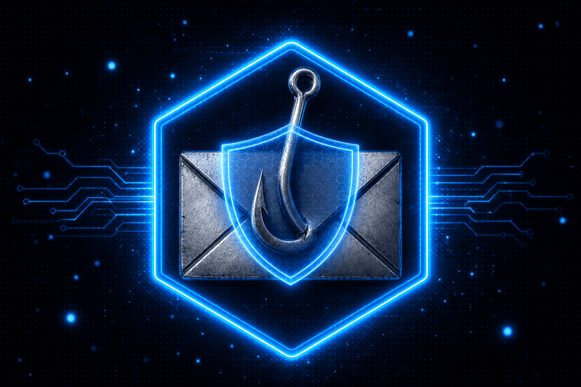 Phishing threats — shielded email envelope blocking a fishhook in a glowing hexagon