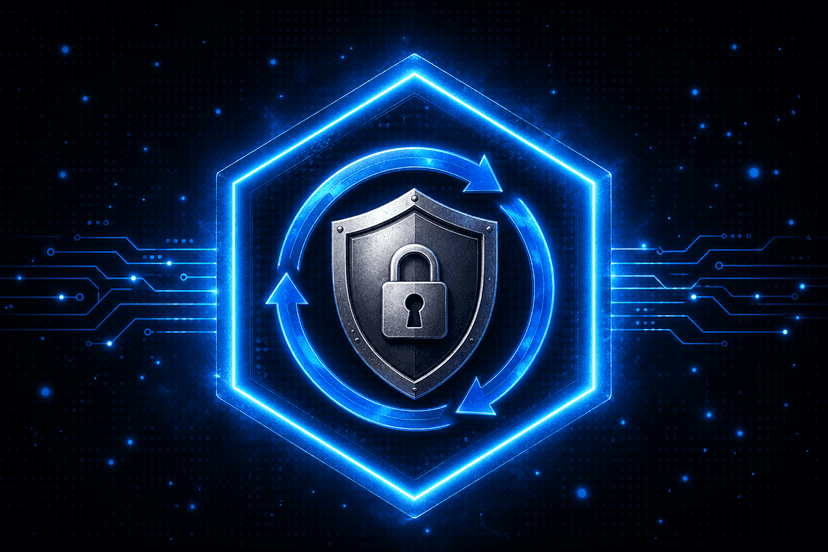 Ransomware response — shield with padlock and recovery arrows in a glowing hexagon