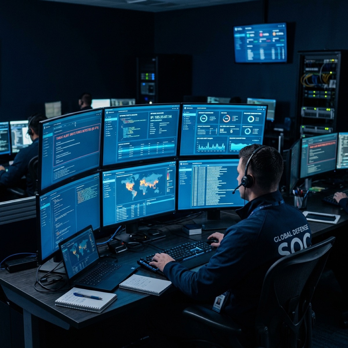 SOC analyst investigating a threat, multiple monitors showing security data and investigation tools