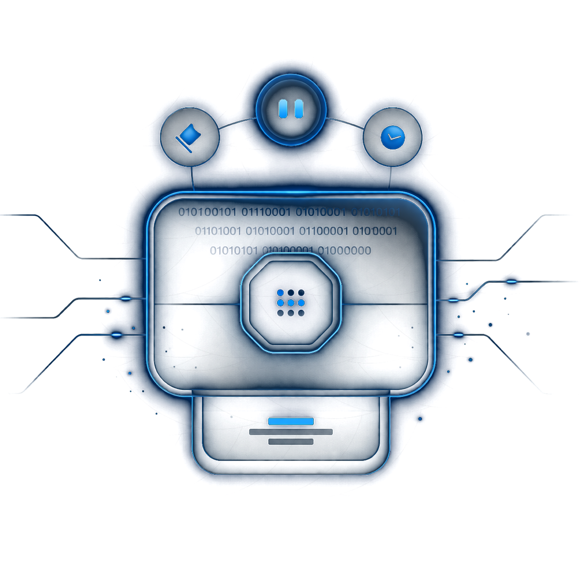 Managed SOC service, futuristic monitoring interface with status grid and circuit accents